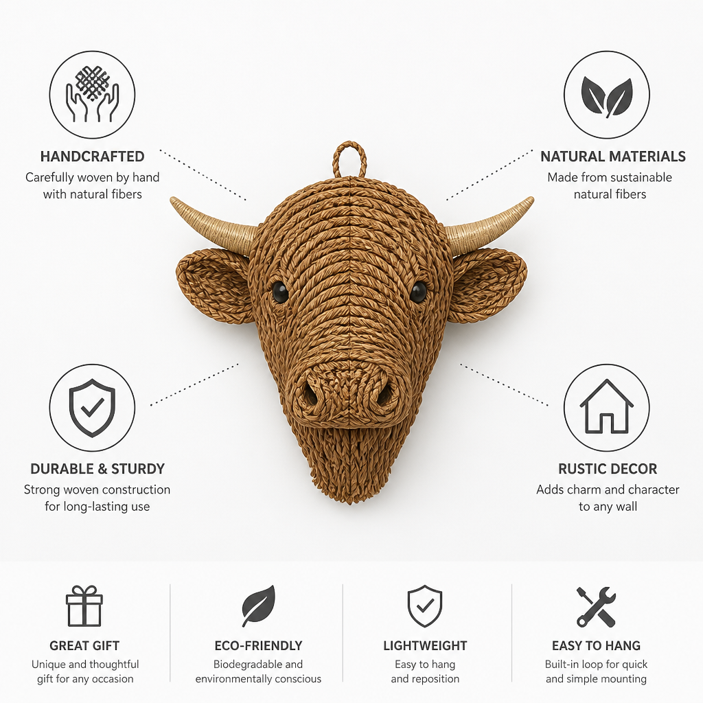 Handcrafted Natural Fiber Cow Head Indoor Wall Sculpture