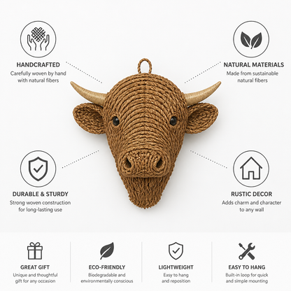 Handcrafted Natural Fiber Cow Head Indoor Wall Sculpture
