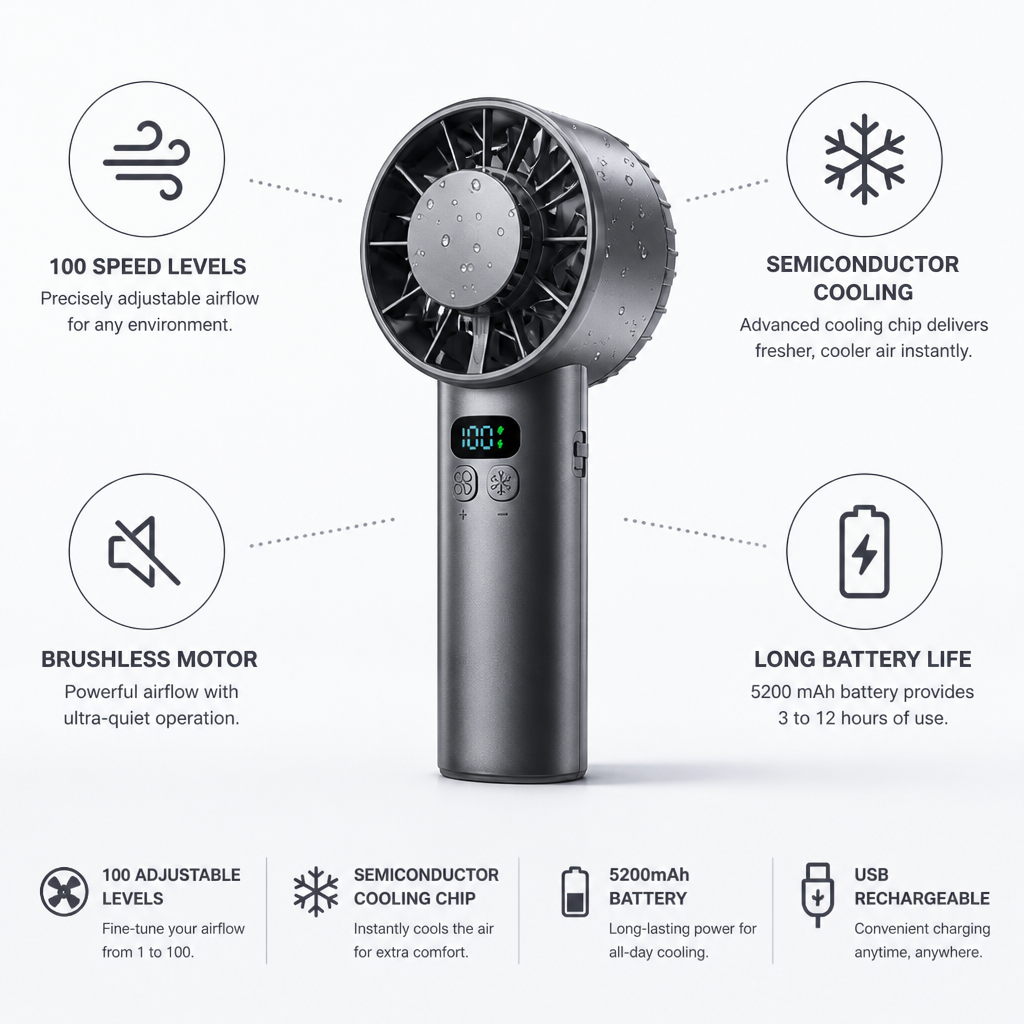Handheld Fan Semiconductor Cooling & 100 Speeds