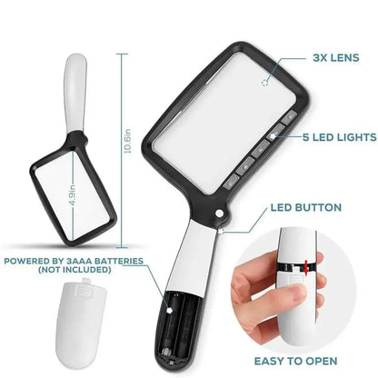 Handheld Magnifier 3x Magnification Large Lens Integrated LEDs