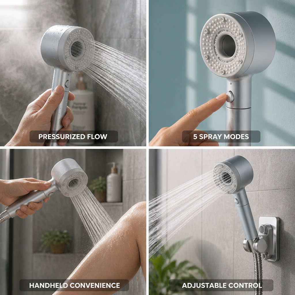 Handheld Shower Head 5-Mode Adjustable Pressurized Flow