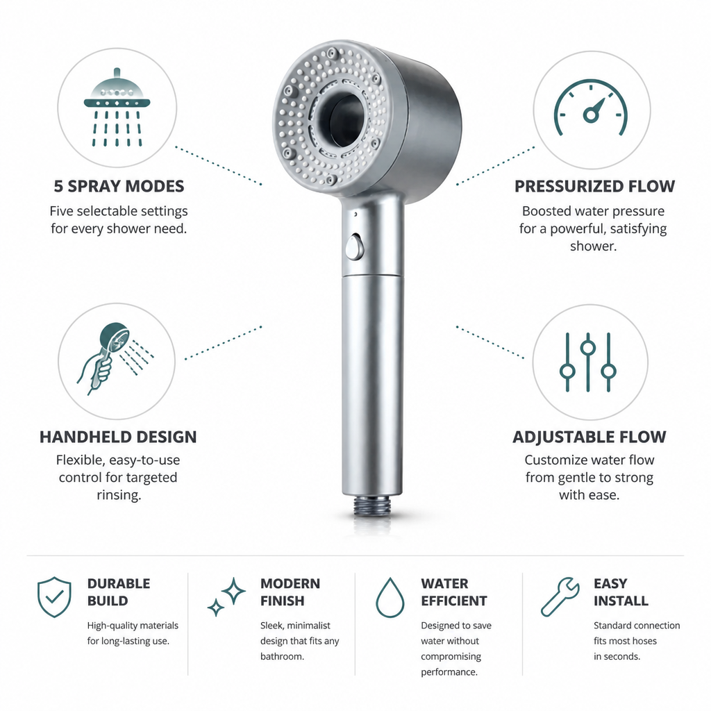 Handheld Shower Head 5-Mode Adjustable Pressurized Flow