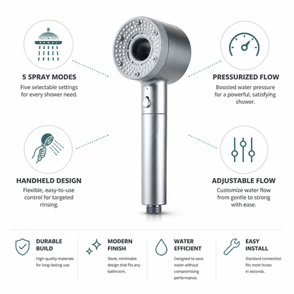 Handheld Shower Head 5-Mode Adjustable Pressurized Flow