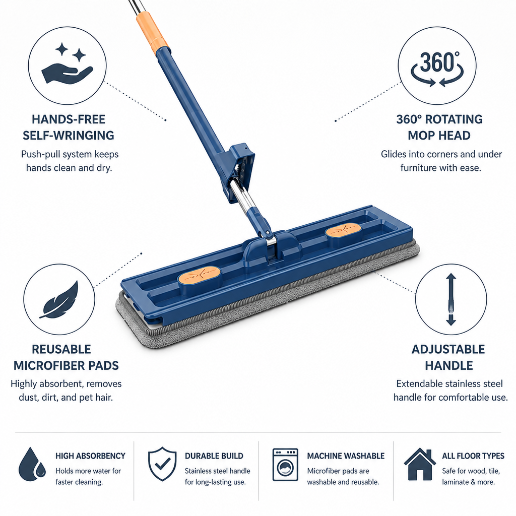 Hands-Free Self-Wringing 360° Microfiber Flat Mop