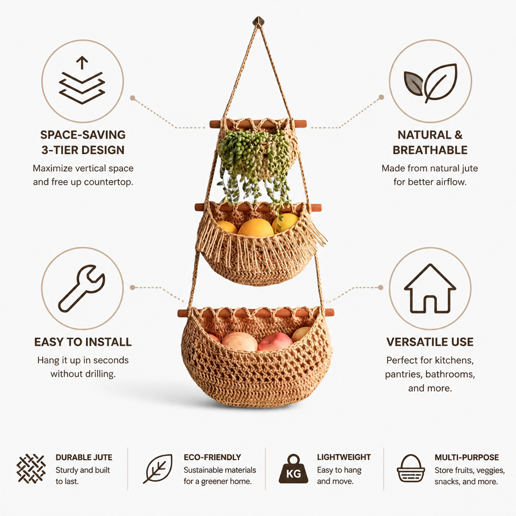 Hanging Basket 3-Tier Natural Jute Space-Saving