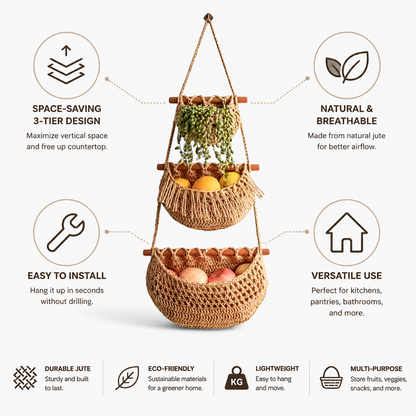 Hanging Basket 3-Tier Natural Jute Space-Saving