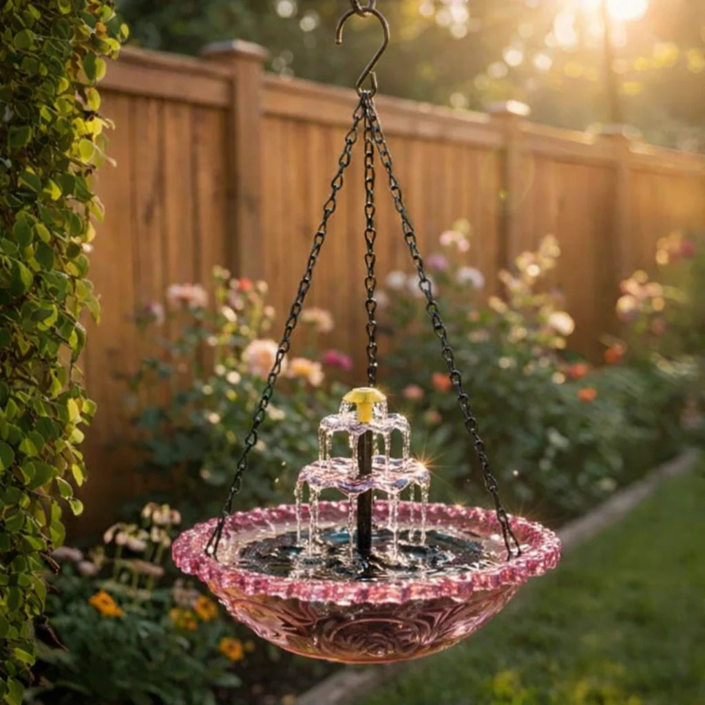 Hanging Birdbath Fountain Solar-Powered Two-Stage Glass Bowl