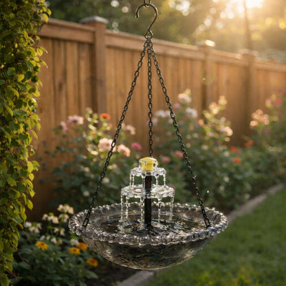 Hanging Birdbath Fountain Solar-Powered Two-Stage Glass Bowl