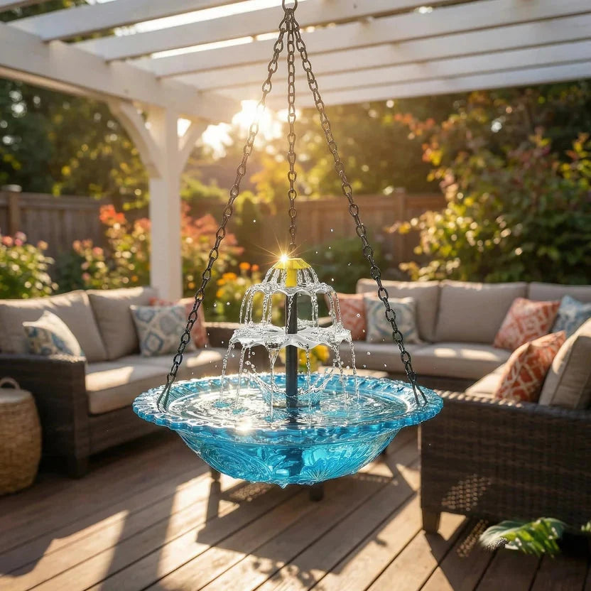 Hanging Birdbath Fountain Solar-Powered Two-Stage Glass Bowl