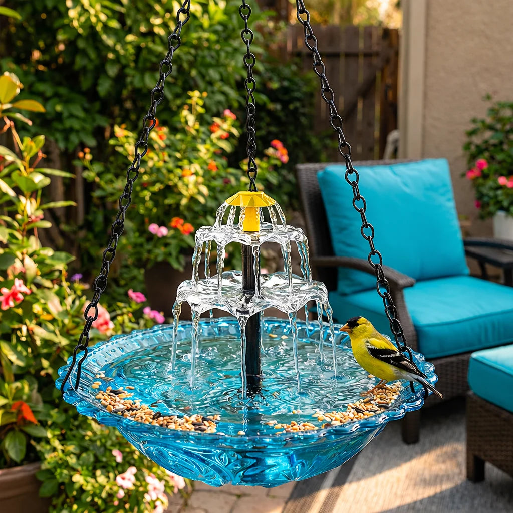 Hanging Birdbath Fountain Solar-Powered Two-Stage Glass Bowl
