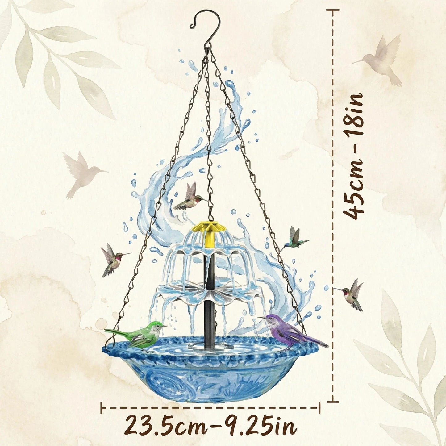 Hanging Birdbath Fountain Solar-Powered Two-Stage Glass Bowl