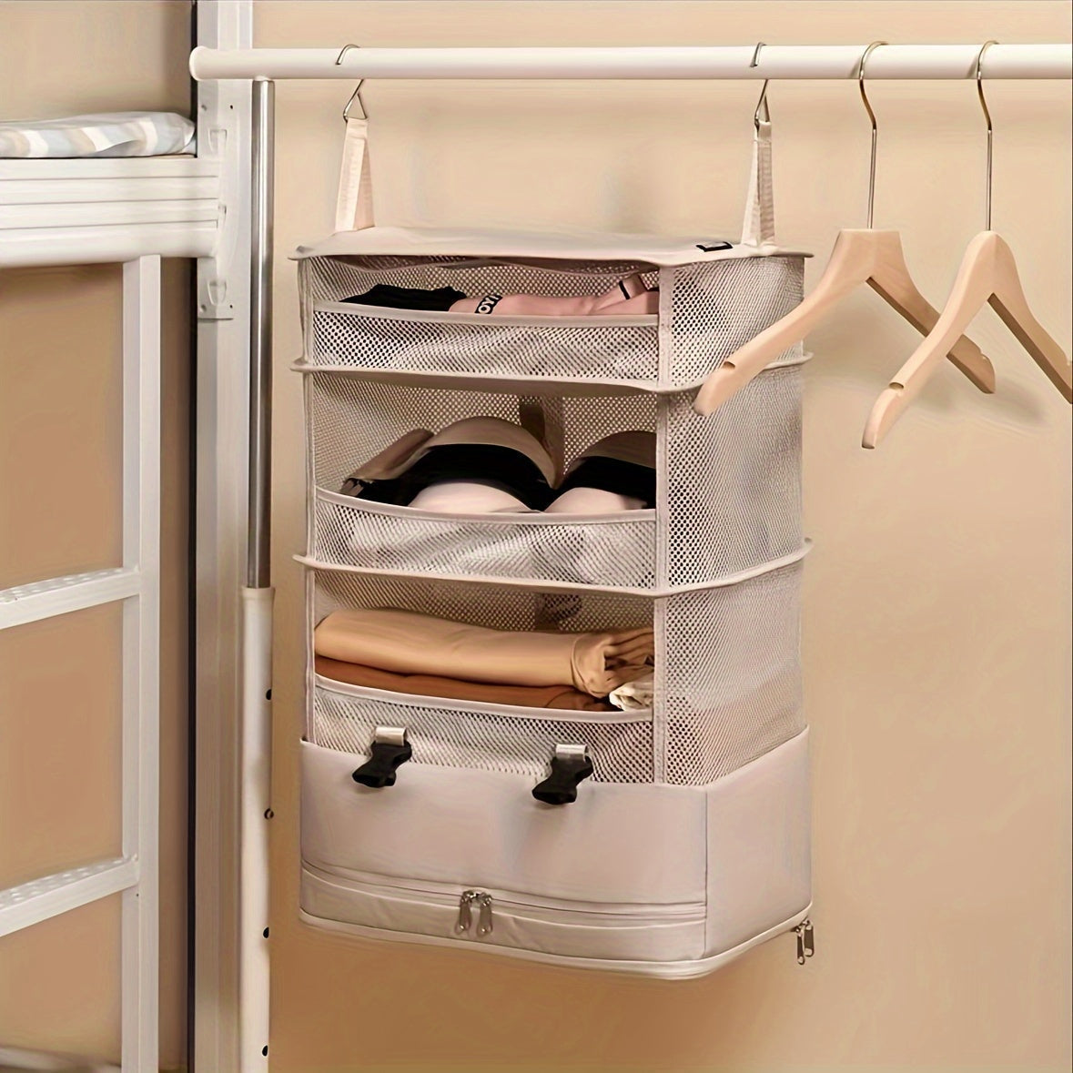 Hanging Garment Bag Foldable Four Compartments Mesh Inserts