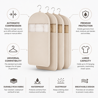 Hanging Garment Organizer Self-Compressing Waterproof PEVA Holds 10 Garments