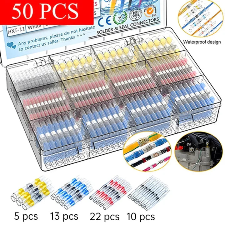 Heat Shrink Solder Connectors Waterproof Color-Coded 50-Piece Set