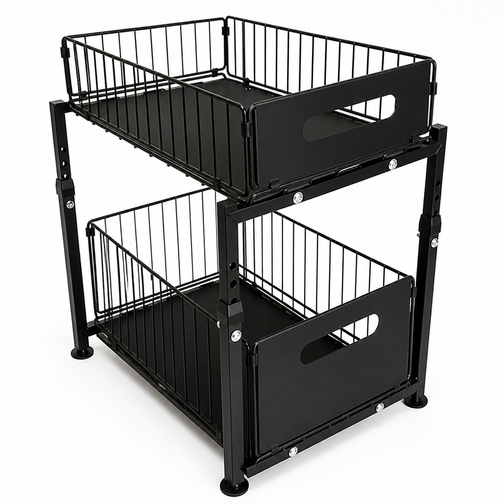 Height-Adjustable Steel Frame with Pull-Out Baskets Kitchen Cabinet Organizer (2-Tier)
