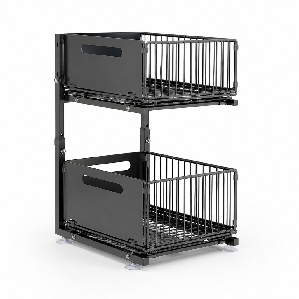 Height-Adjustable Steel Frame with Pull-Out Baskets Kitchen Cabinet Organizer (2-Tier)