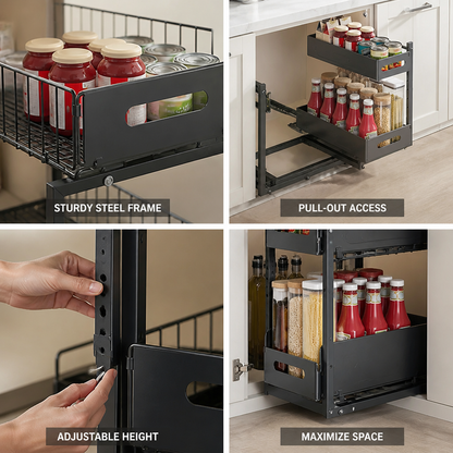Height-Adjustable Steel Frame with Pull-Out Baskets Kitchen Cabinet Organizer (2-Tier)