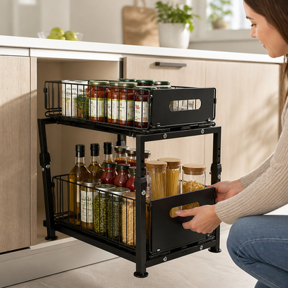 Height-Adjustable Steel Frame with Pull-Out Baskets Kitchen Cabinet Organizer (2-Tier)
