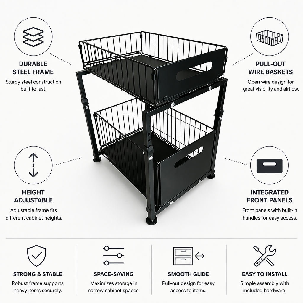Height-Adjustable Steel Frame with Pull-Out Baskets Kitchen Cabinet Organizer (2-Tier)