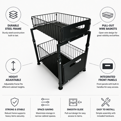 Height-Adjustable Steel Frame with Pull-Out Baskets Kitchen Cabinet Organizer (2-Tier)