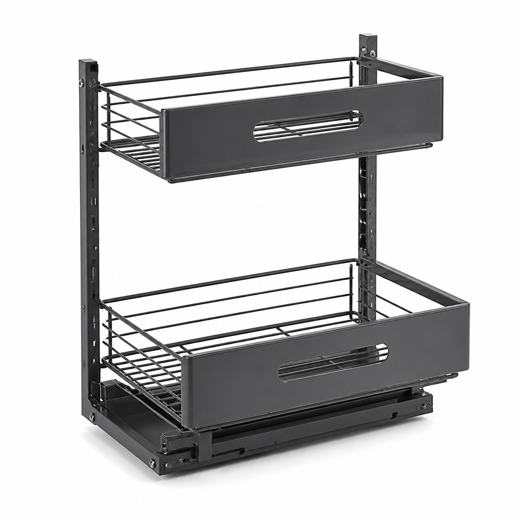 Height-Adjustable Steel Frame with Pull-Out Baskets Kitchen Cabinet Organizer (2-Tier)