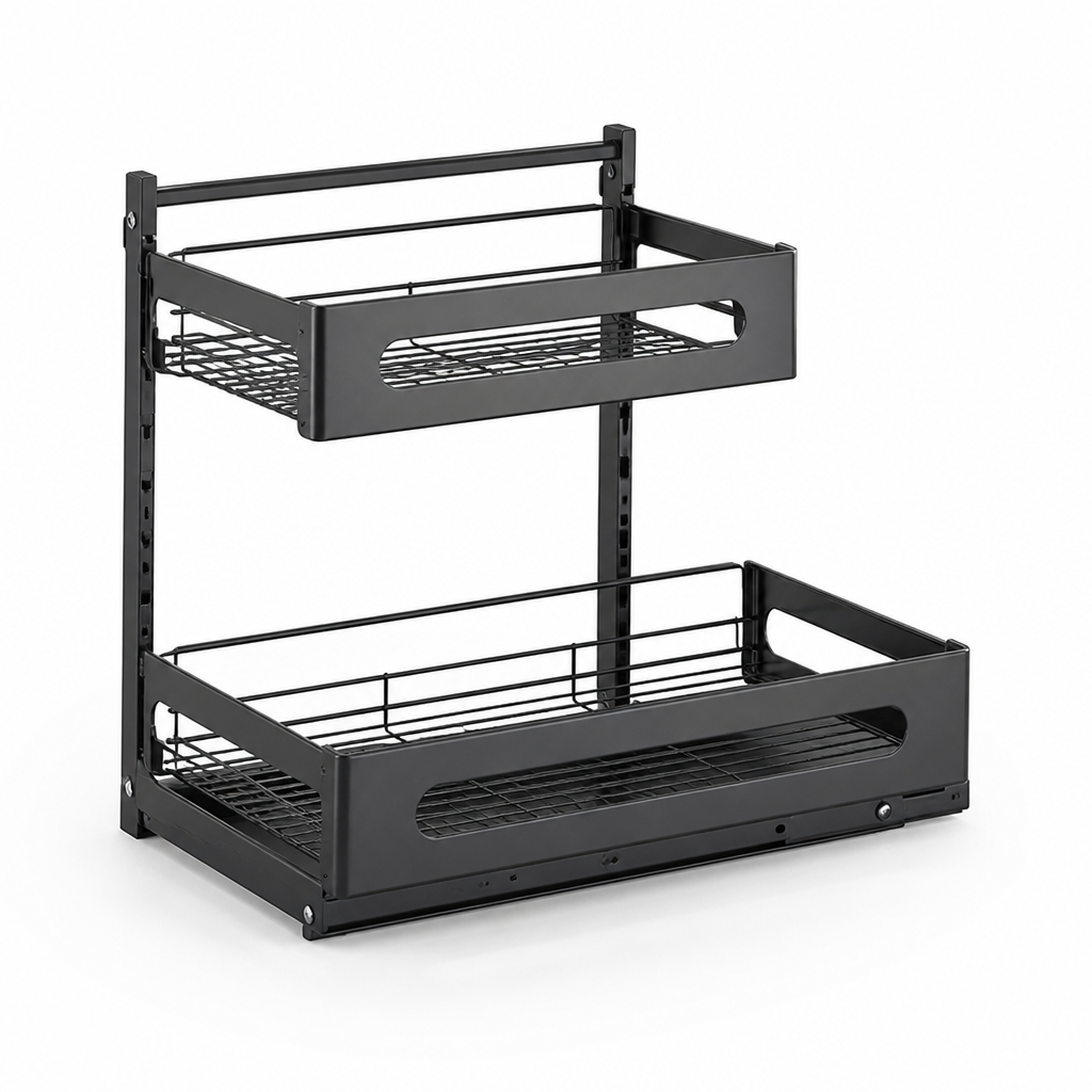 Height-Adjustable Steel Frame with Pull-Out Baskets Kitchen Cabinet Organizer (2-Tier)