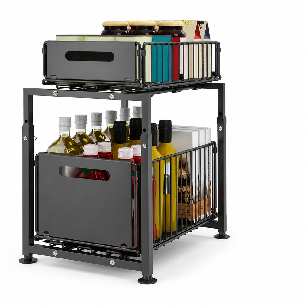 Height-Adjustable Steel Frame with Pull-Out Baskets Kitchen Cabinet Organizer (2-Tier)