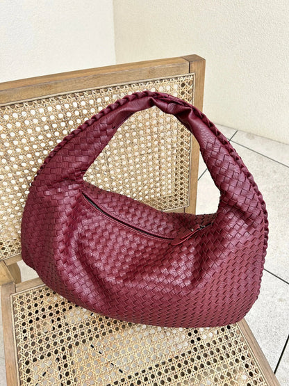 Hobo Bag Braided Genuine Leather Zipper Closure & Padded Strap