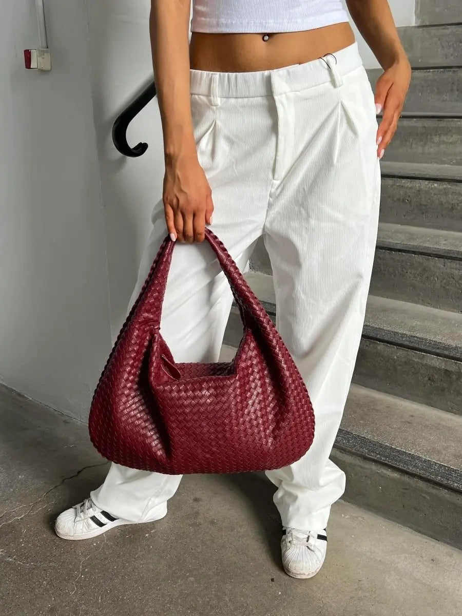 Hobo Bag Braided Genuine Leather Zipper Closure & Padded Strap