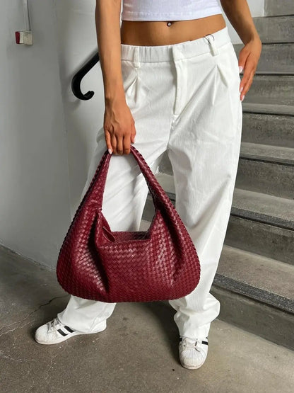 Hobo Bag Braided Genuine Leather Zipper Closure & Padded Strap