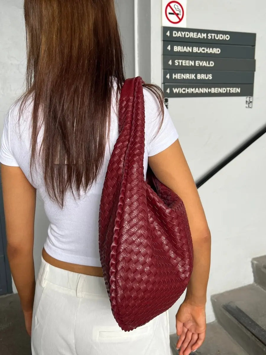Hobo Bag Braided Genuine Leather Zipper Closure & Padded Strap