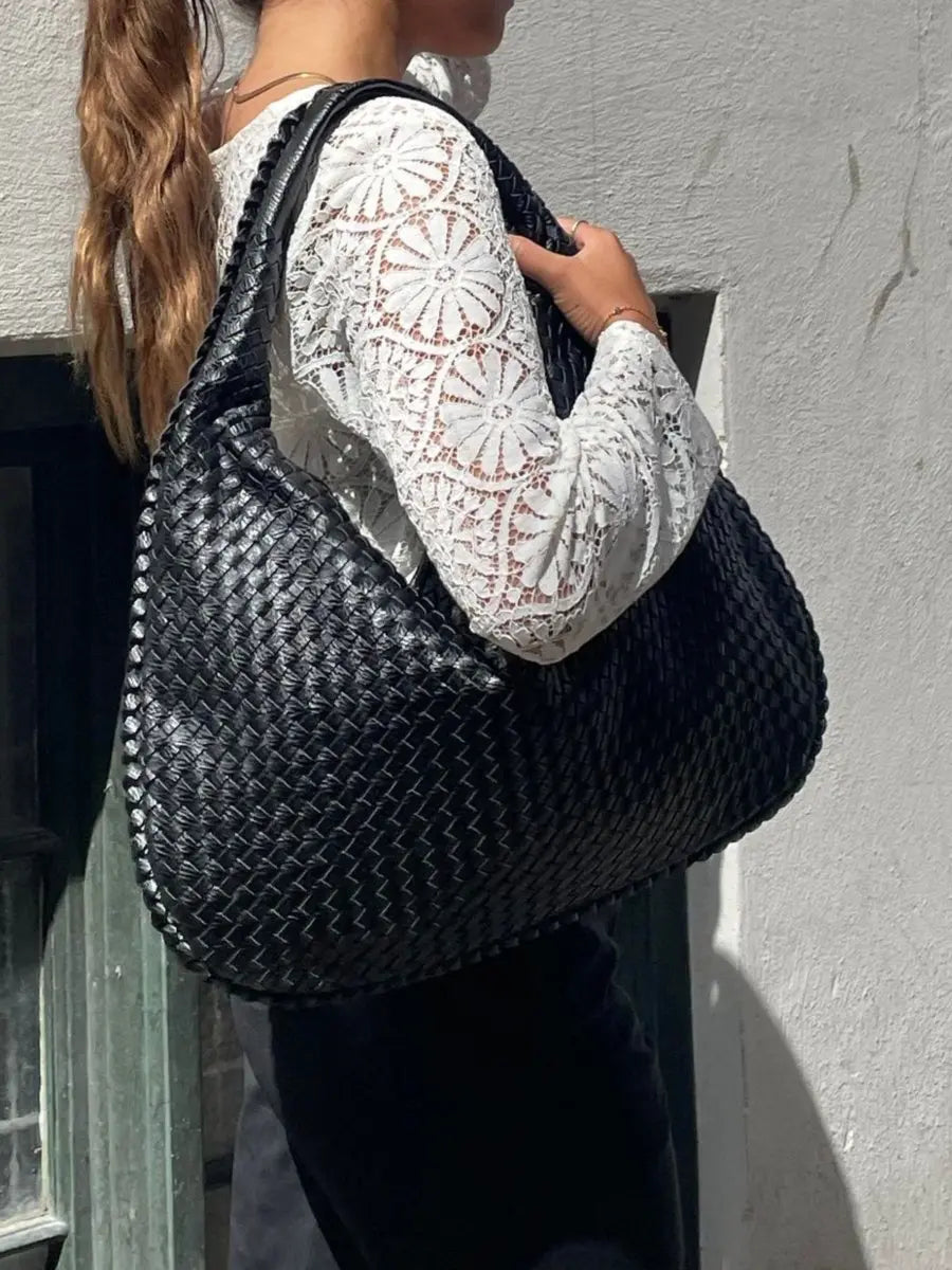 Hobo Bag Braided Genuine Leather Zipper Closure & Padded Strap