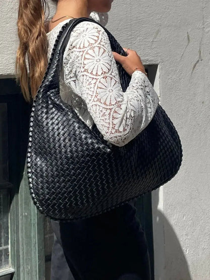 Hobo Bag Braided Genuine Leather Zipper Closure & Padded Strap