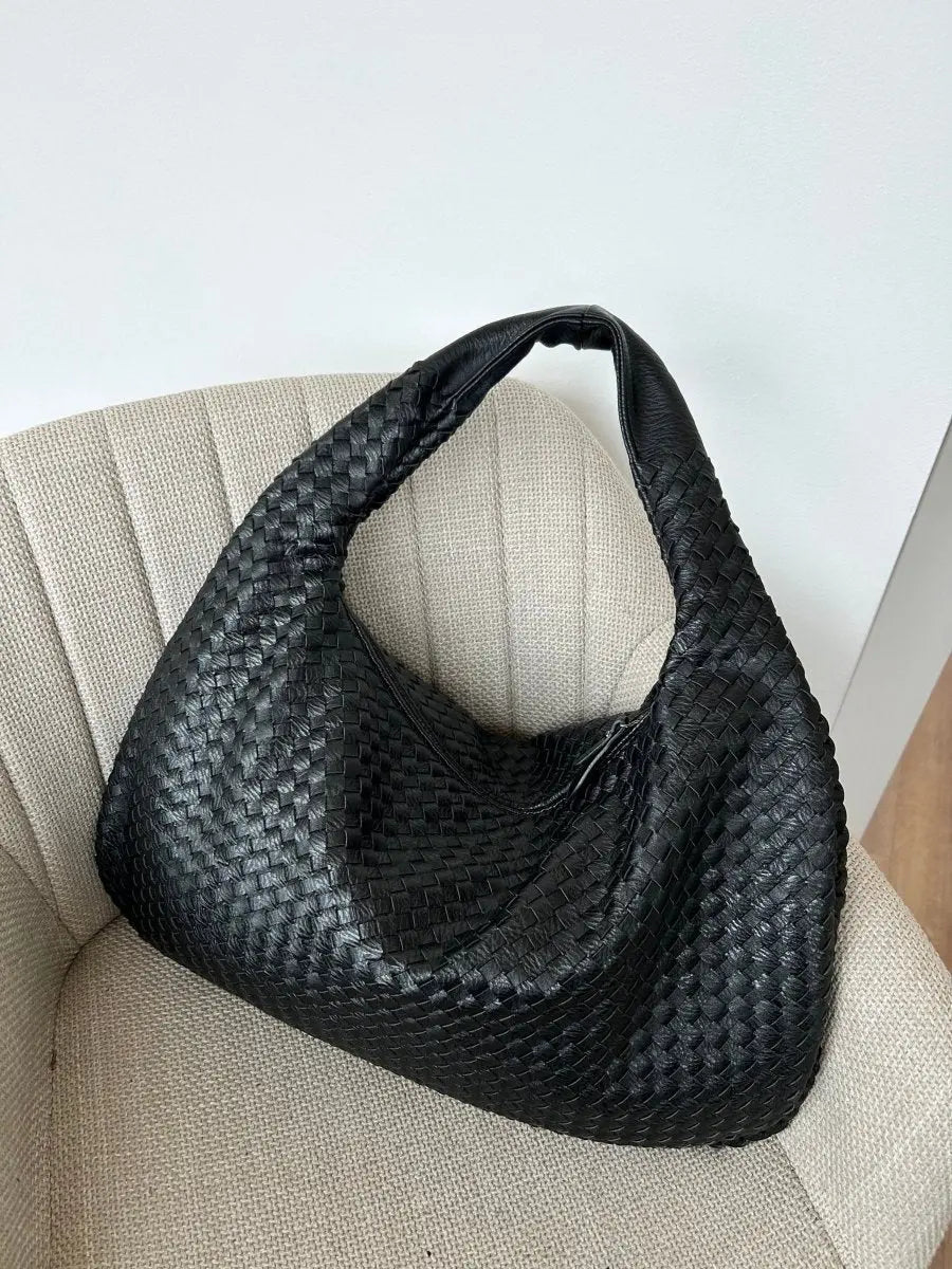 Hobo Bag Braided Genuine Leather Zipper Closure & Padded Strap