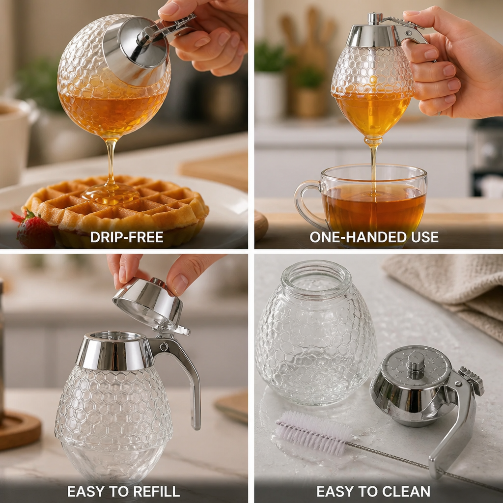 Honey Dispenser Drip-Free Spout & One-Handed Dispensing