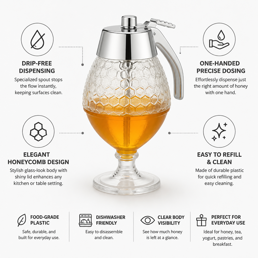 Honey Dispenser Drip-Free Spout & One-Handed Dispensing