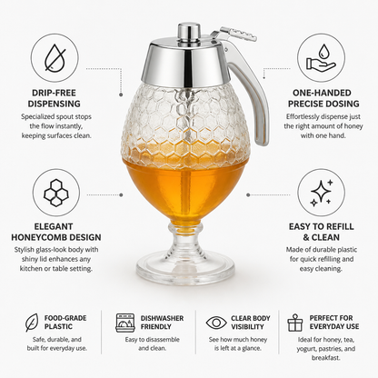 Honey Dispenser Drip-Free Spout & One-Handed Dispensing