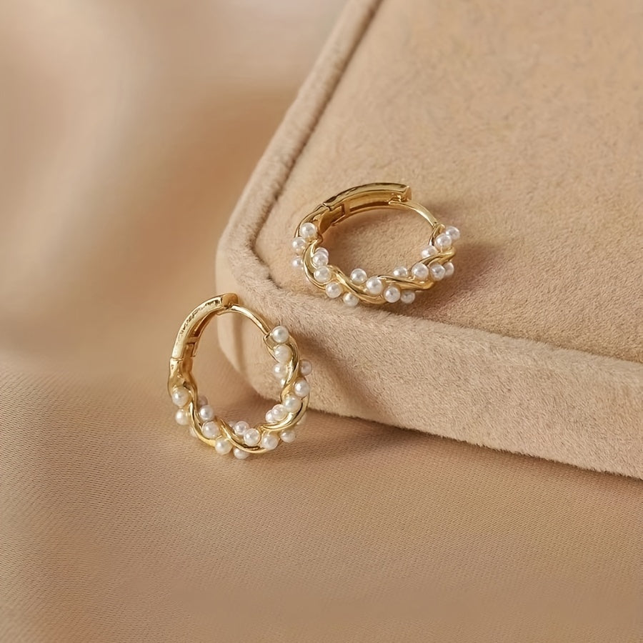 Hoop Earrings Gold Wire & White Pearls Lightweight