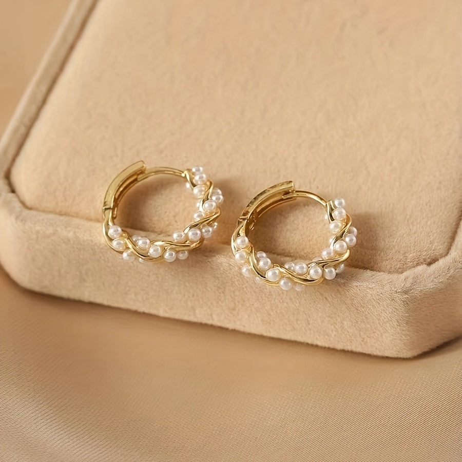 Hoop Earrings Gold Wire & White Pearls Lightweight