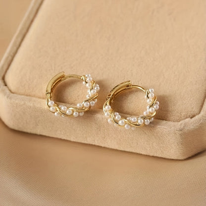Hoop Earrings Gold Wire & White Pearls Lightweight