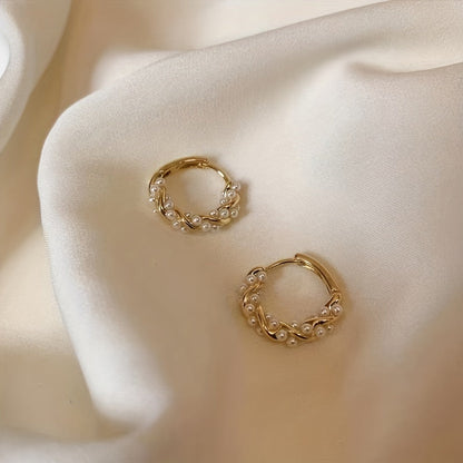 Hoop Earrings Gold Wire & White Pearls Lightweight