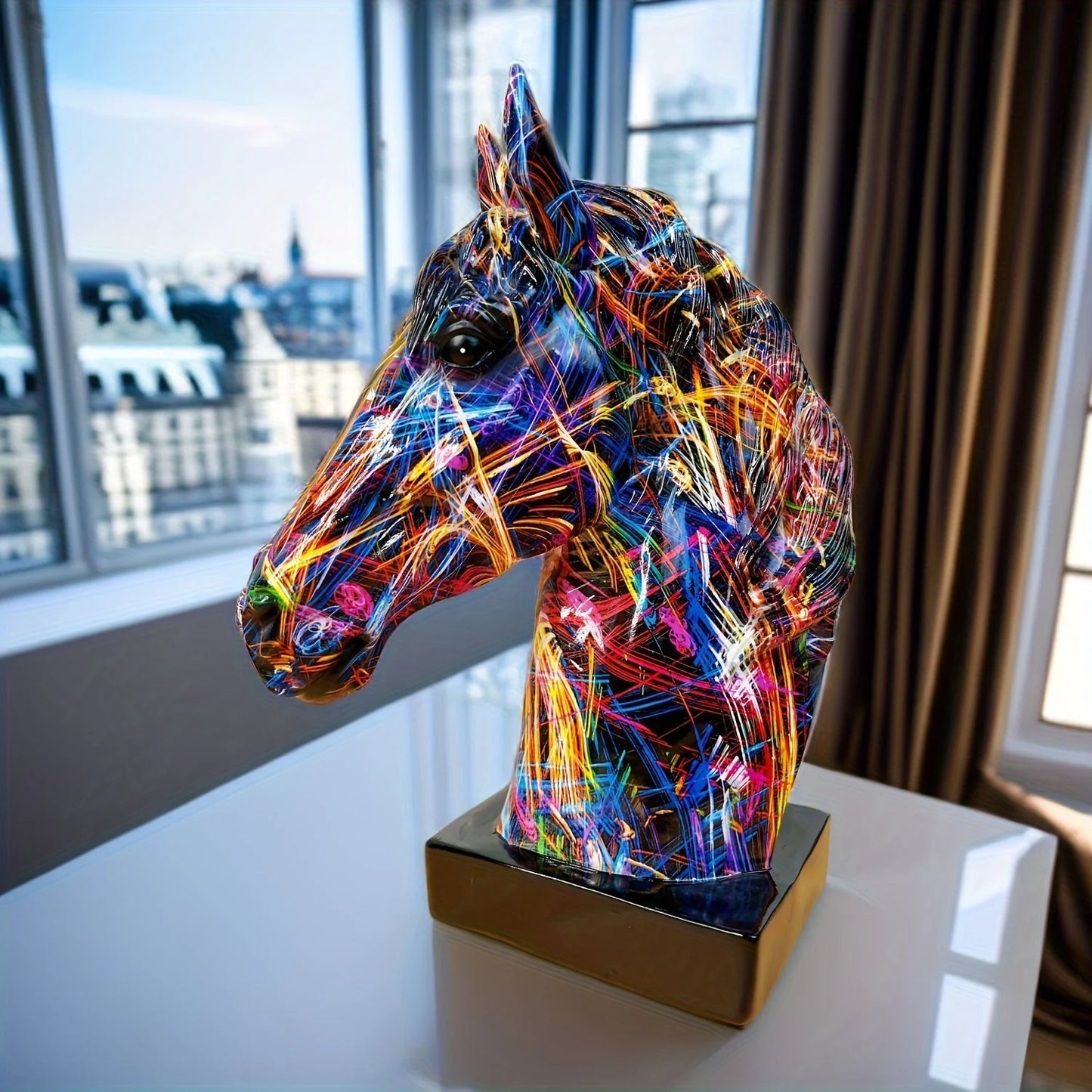 Horse Head Sculpture Handcrafted Resin Paint-Splatter Finish