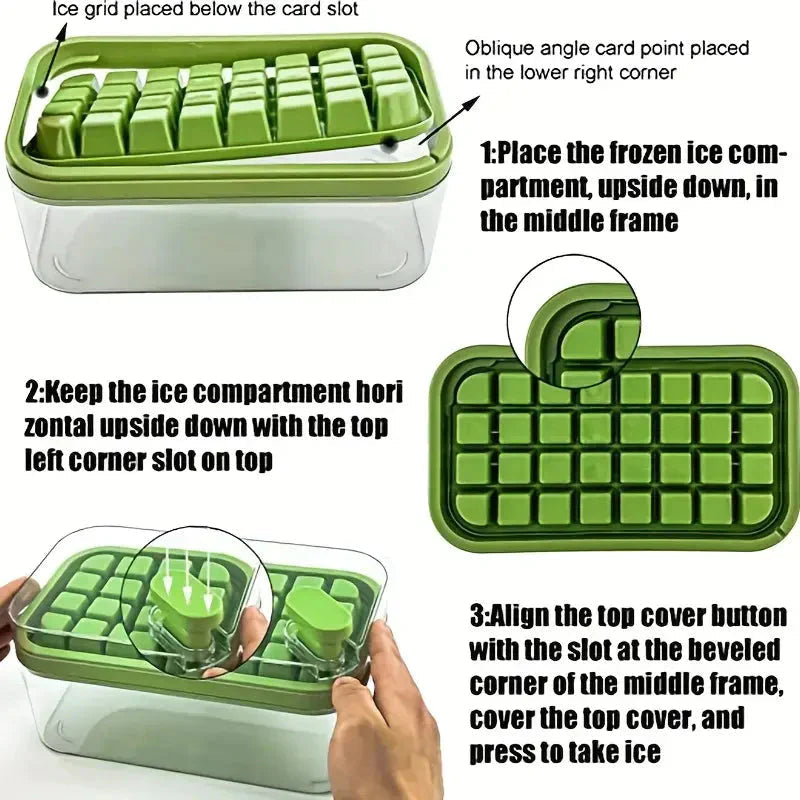 Ice Cube Tray Set Push-Button Airtight 64 Cubes