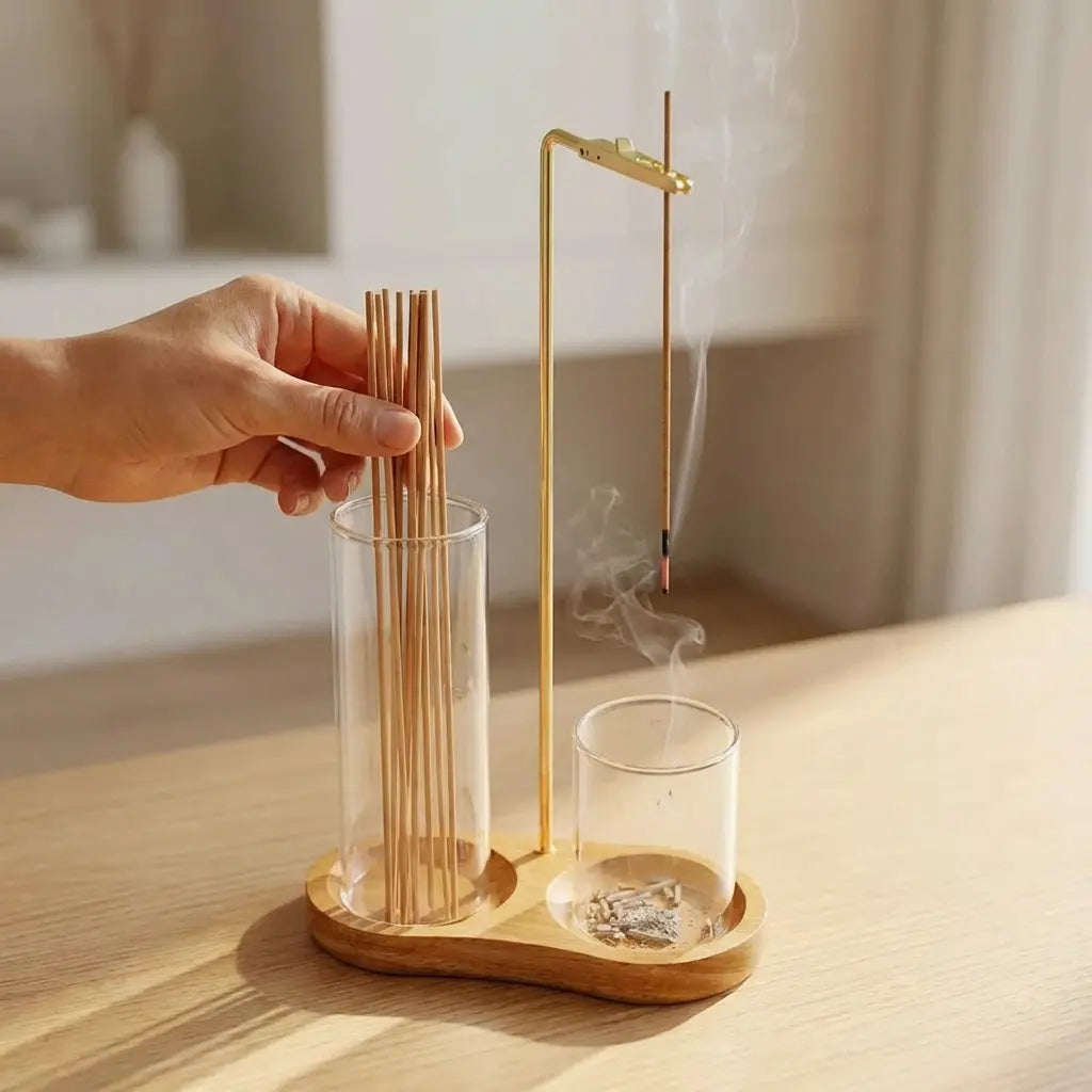 Incense & Candle Holder Wood Base Removable Glass Cups