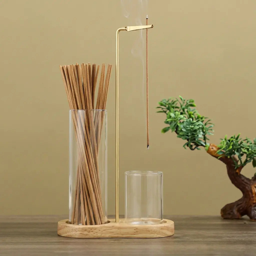 Incense & Candle Holder Wood Base Removable Glass Cups
