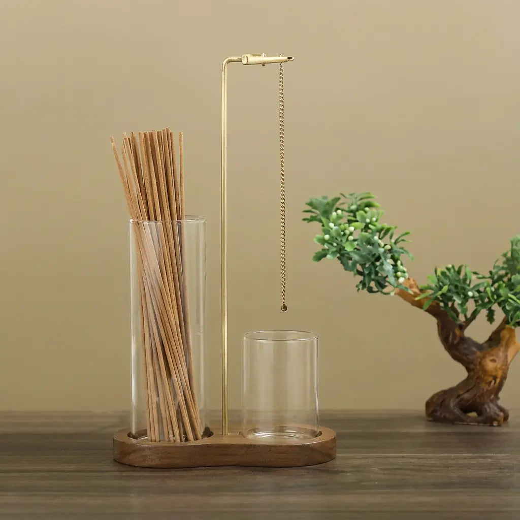 Incense & Candle Holder Wood Base Removable Glass Cups