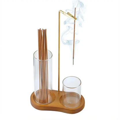 Incense & Candle Holder Wood Base Removable Glass Cups