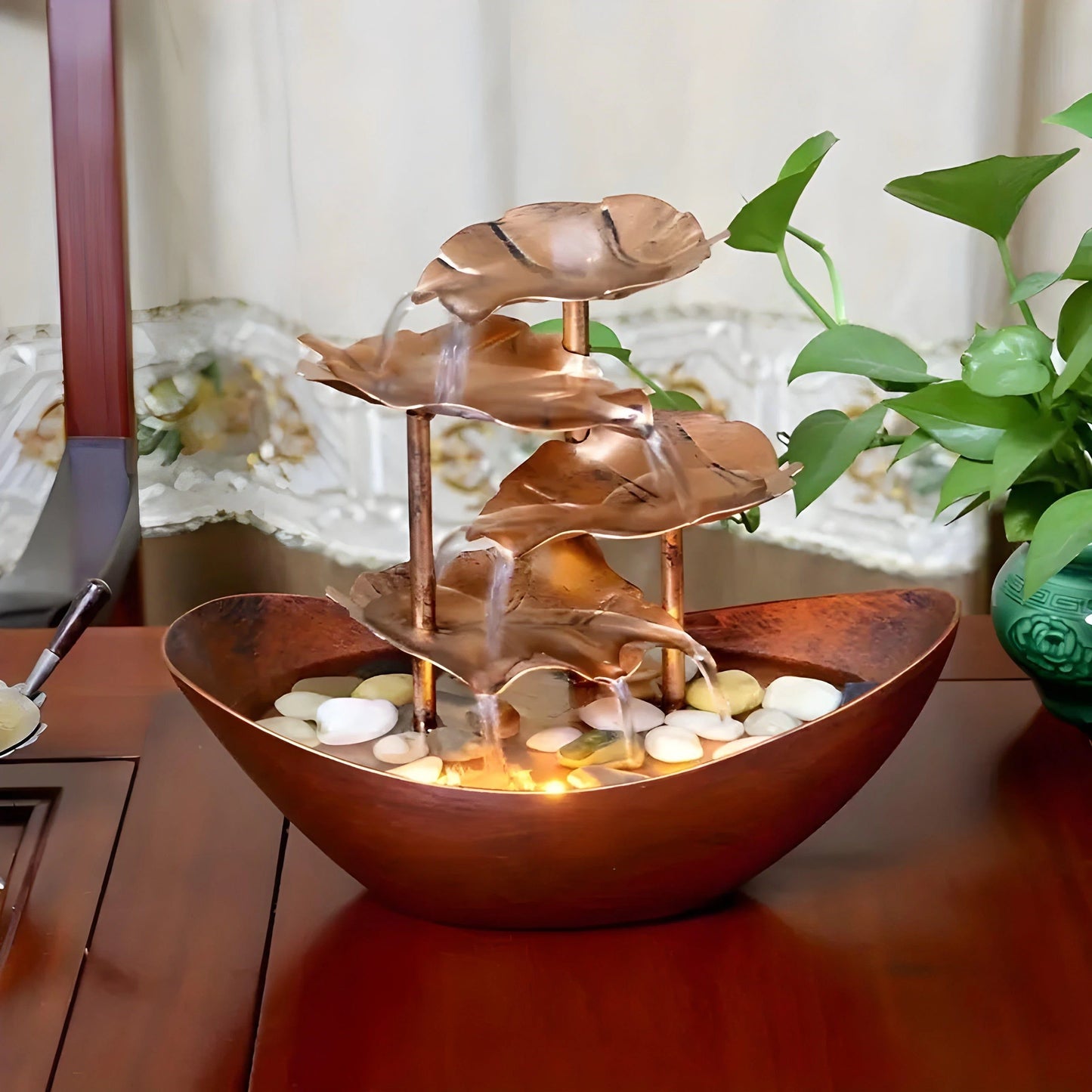 Indoor Fountain Multi-Level Metal Leaf Warm LED Cordless