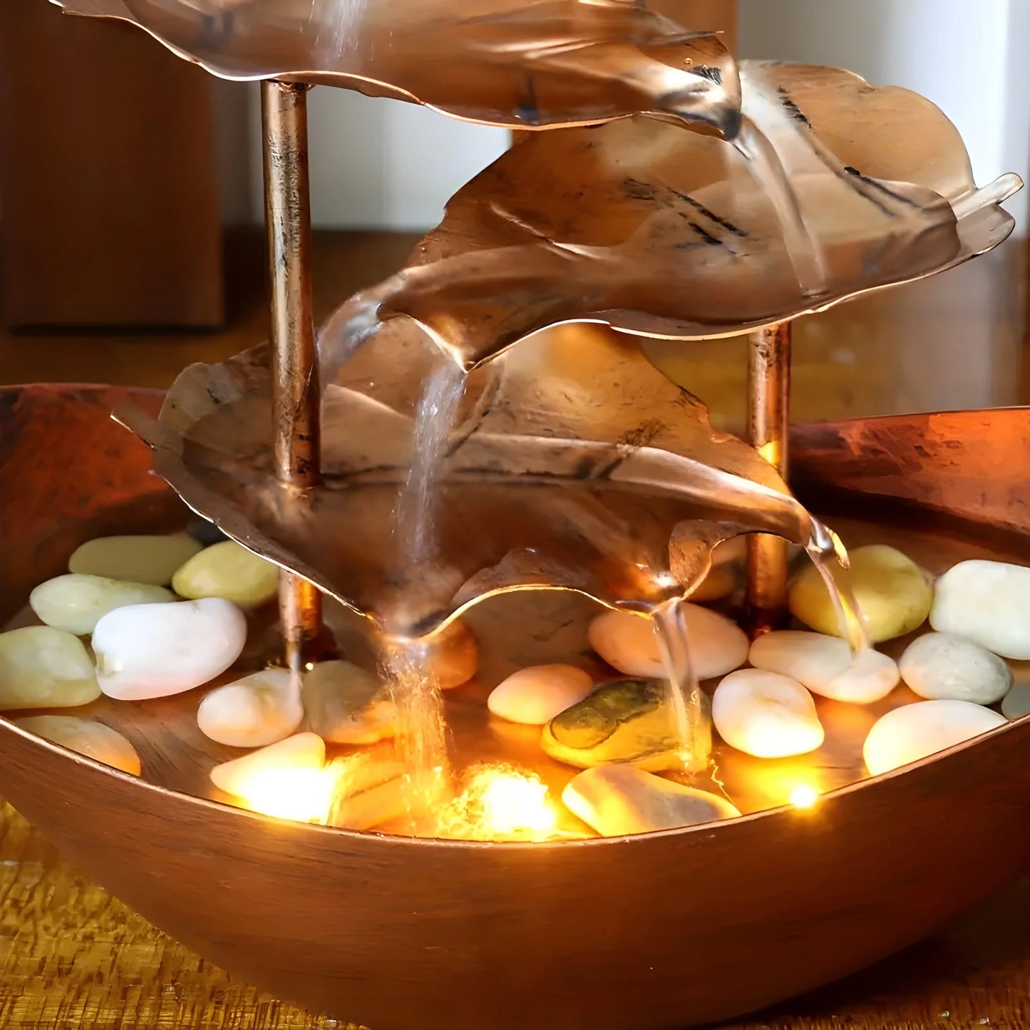 Indoor Fountain Multi-Level Metal Leaf Warm LED Cordless