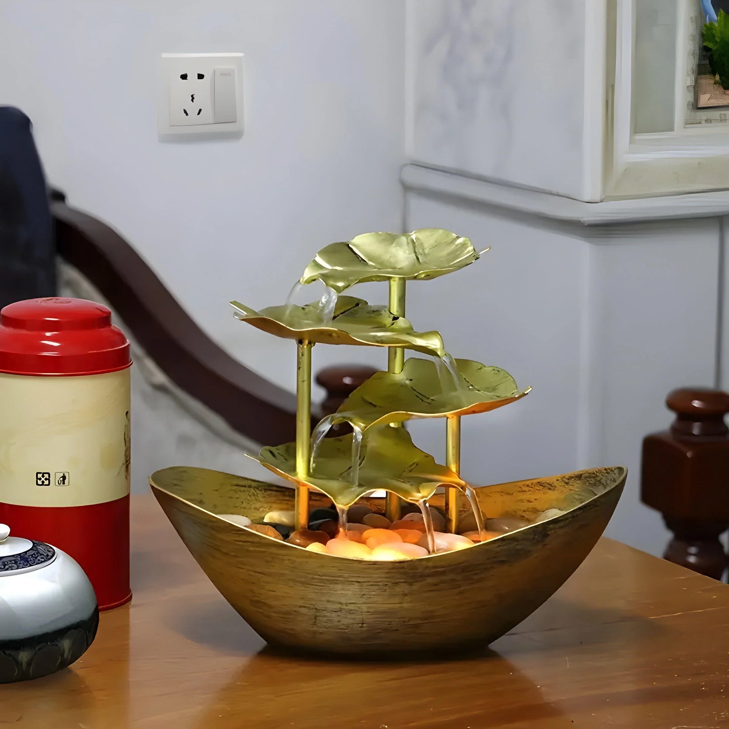 Indoor Fountain Multi-Level Metal Leaf Warm LED Cordless